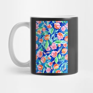 Blue Aesthetic Watercolor Floral Pattern with Orange and Pink Blossoms Mug